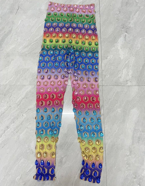 Women Sexy Fashion Full Sleeve Rainbow Crystal Two Piece Pant Set