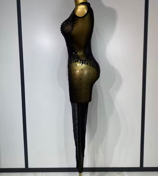 Women Sexy Sleeveless See Through Chain Rhinestone Jumpsuit