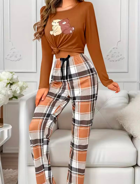 Women Fashion Bear Full Sleeve Plaid Lingerie Set