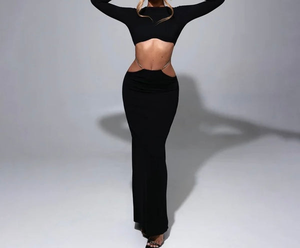 Women Sexy Black Full Sleeve Crop Two Piece Maxi Skirt Set