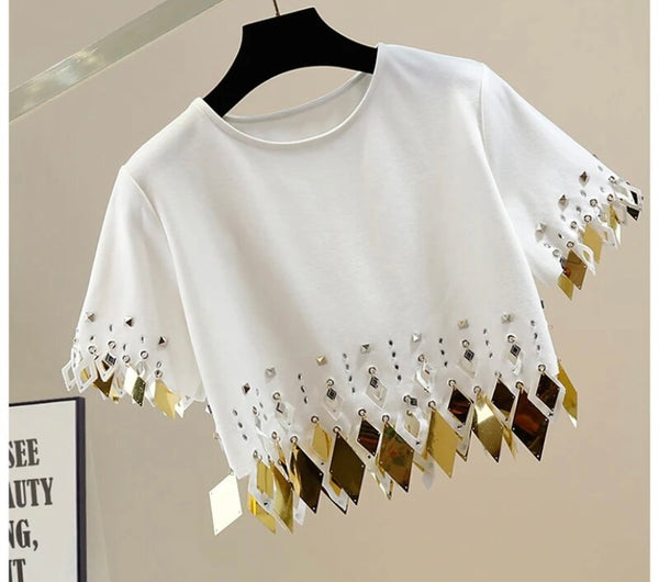 Women Fashion Short Sleeve Rivet Bling Tassel Crop Top