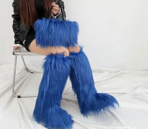 Women Fashion Color Faux Fur Knee High Boots Purse Set