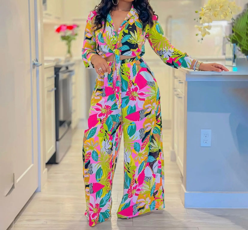 Women Fashion Button Up Floral Full Sleeve Two Piece Pant Set