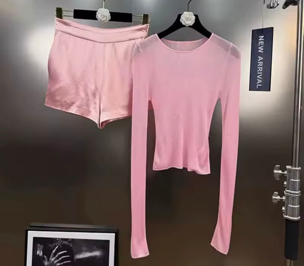 Women Sexy Pink Mesh Full Sleeve Two Piece Short Set