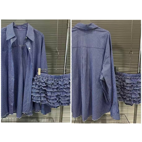 Women Fashion Blue Plaid Button Up Full Sleeve Ruffled Two Piece Short Set