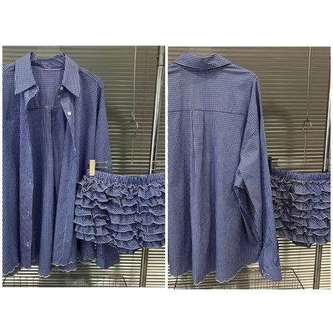 Women Fashion Blue Plaid Button Up Full Sleeve Ruffled Two Piece Short Set