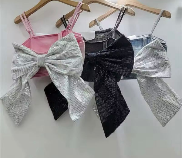 Women Sleeveless Sequins Bow Denim Crop Top