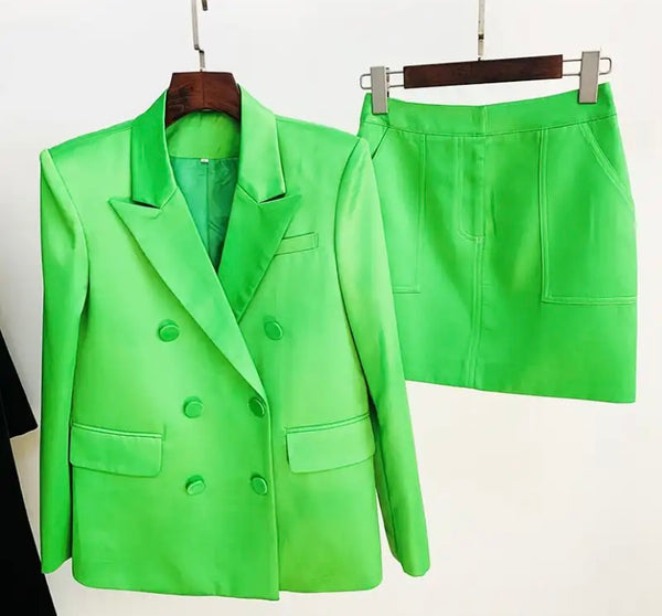 Women Sexy Green Satin Blazer Two Piece Skirt Set