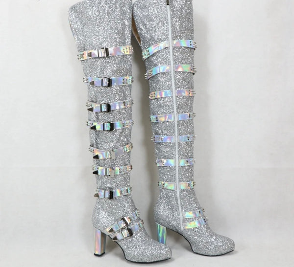 Women Silver Fashion Buckled Over The Knee Boots