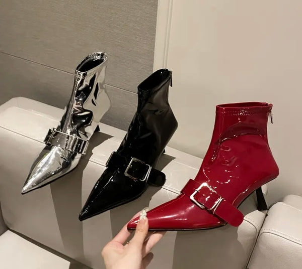Women Fashion Pointed Toe Buckled Patent Leather Ankle Boots