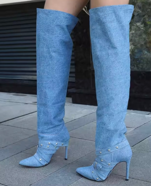 Women Fashion Denim Rivet Buckled High Heel Knee Length Boots
