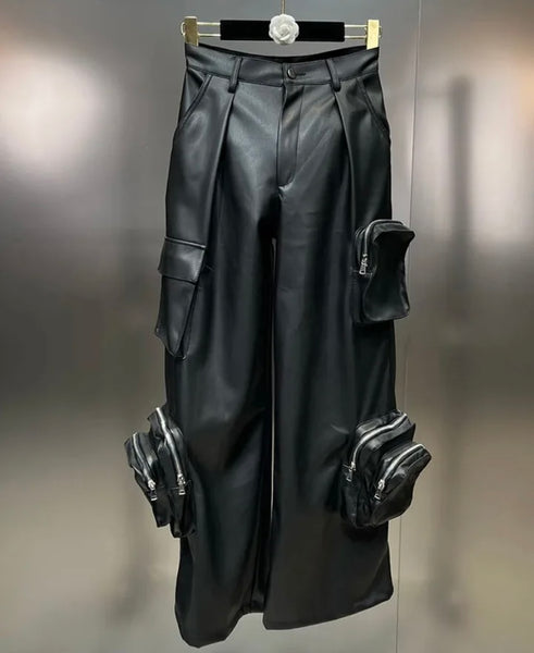 Women Black Fashion Pocket Faux Leather Wide Leg Pants