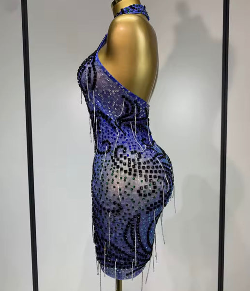 Women Sexy Blue Rhinestone Halter Sleeveless Mesh Dress