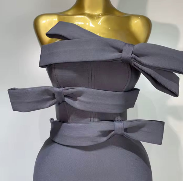 Women Sexy Strapless Gray Bow Tie Maxi Dress