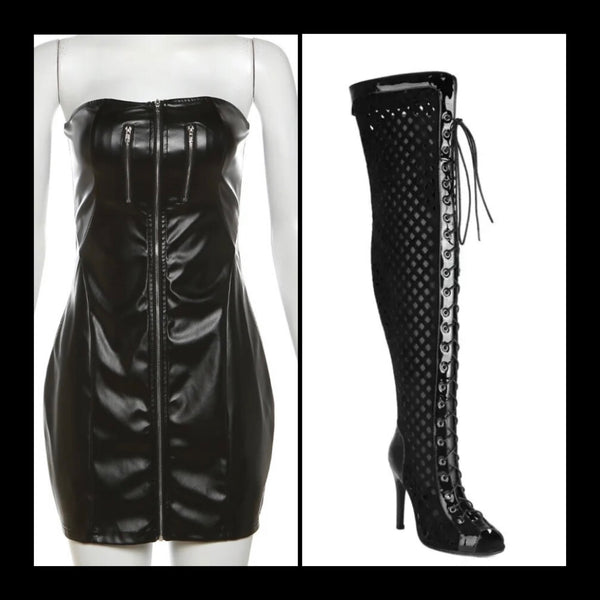 Women Fashion Open Toe Lace Up Hollow Out Knee High Boots