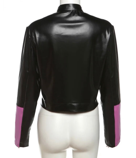 Women Color Patchwork Faux Leather Fashion Jacket