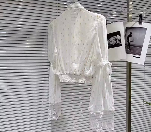 Women White Lace Mesh Full Sleeve Bling Two Piece Maxi Skirt Set
