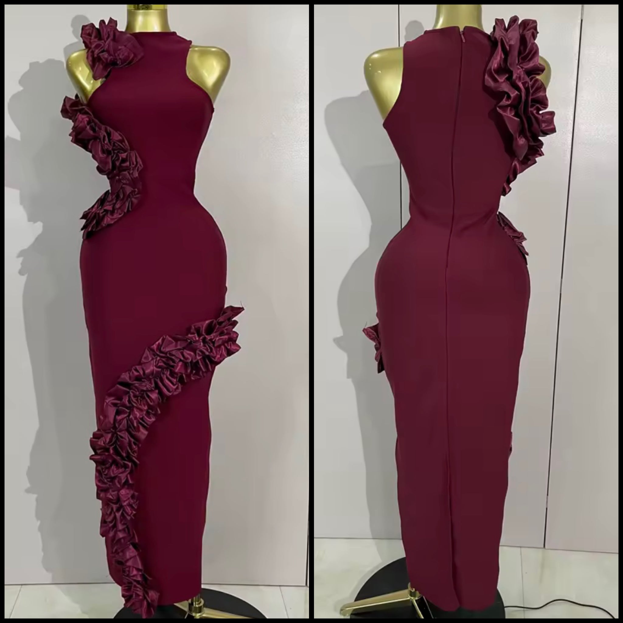 Women Sexy Sleeveless Burgundy Ruffled Maxi Dress