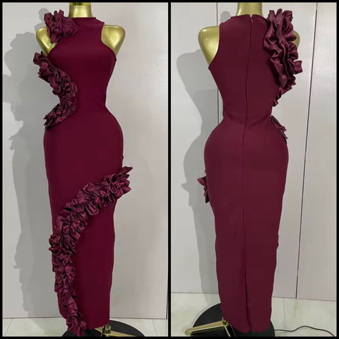 Women Sexy Sleeveless Burgundy Ruffled Maxi Dress