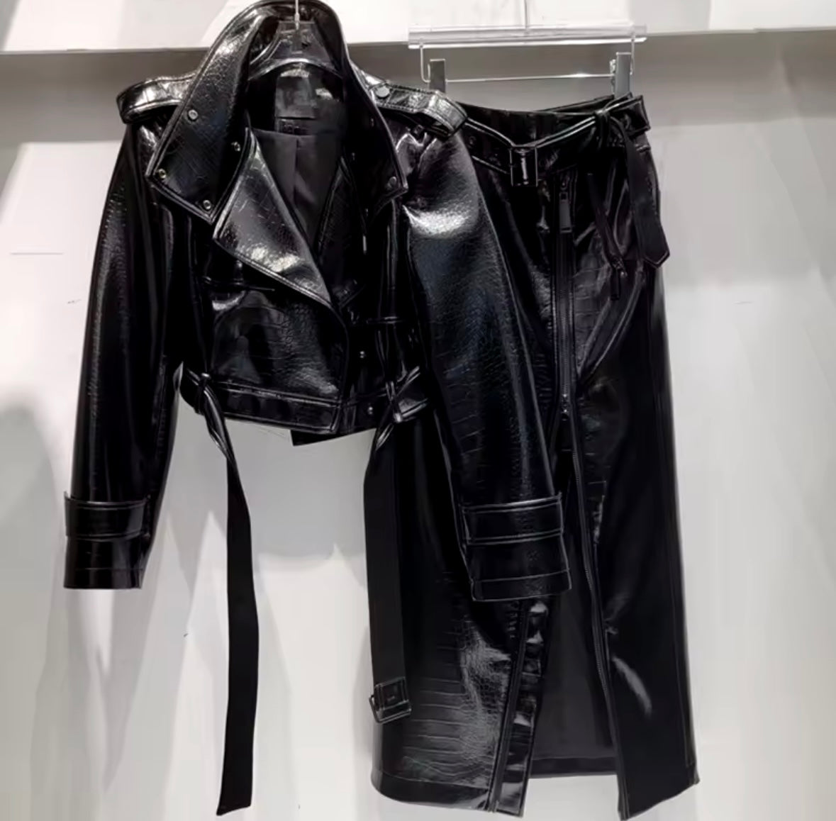 Women Fashion Black PU Leather Jacket Two Piece Maxi Skirt Set