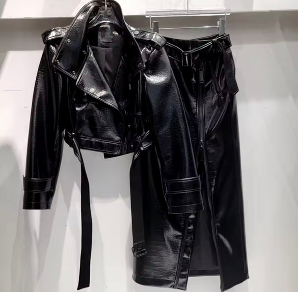 Women Fashion Black PU Leather Jacket Two Piece Maxi Skirt Set