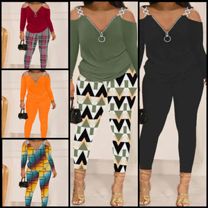 Women Fashion Zipper Full Sleeve Two Piece Pant Set