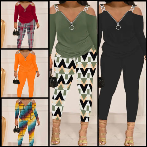 Women Fashion Zipper Full Sleeve Two Piece Pant Set