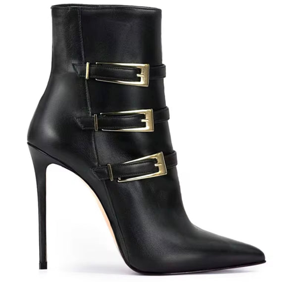 Women Fashion Pointed Toe Faux Leather Triple Buckle Ankle Boots
