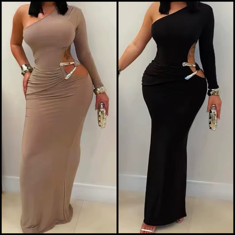 Women Sexy One Shoulder Side Cut Out Maxi Dress