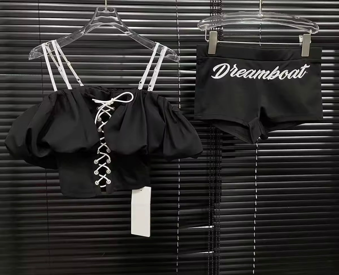 Women Sexy Lace Up Short Sleeve Two Piece Letter Print Short Set
