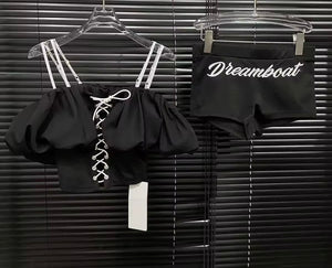 Women Sexy Lace Up Short Sleeve Two Piece Letter Print Short Set