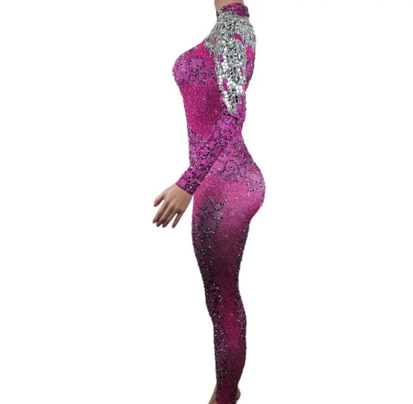 Women Fashion Turtleneck Full Sleeve Beaded Bling Pink Jumpsuit