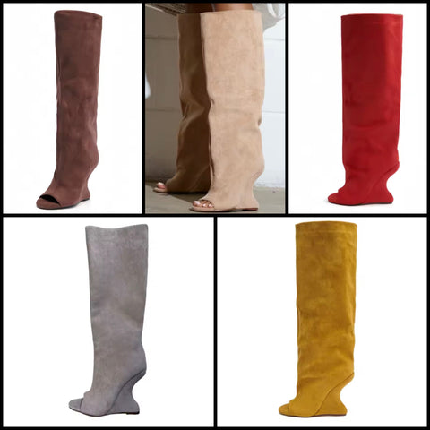 Women Color Open Toe Suede Wedge Knee High Boots
