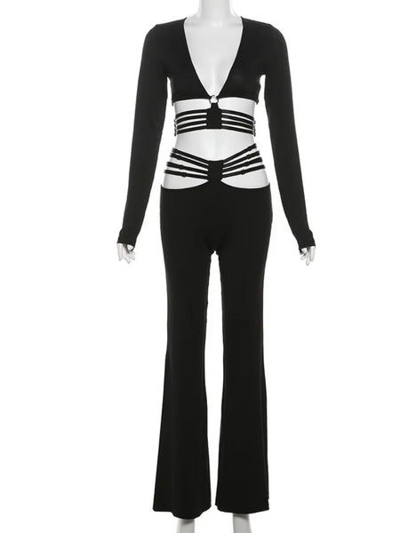 Women Sexy Black Full Sleeve Cut Out Open Back Two Piece Pant Set