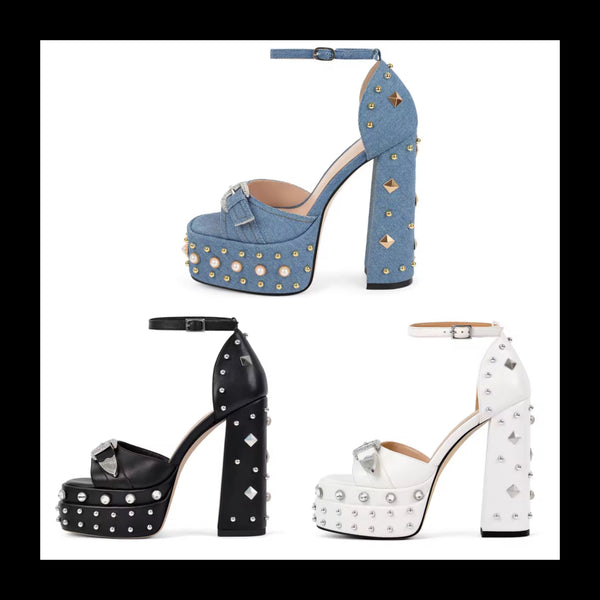 Women Fashion Pearl Rivet Platform High Heel Sandals