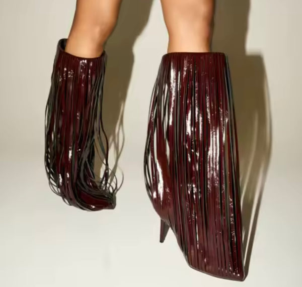 Women Fashion Pointed Toe Tassel High Heel Boots