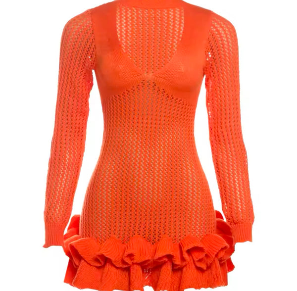 Women Sexy Color Knitted Ruffled Full Sleeve Dress