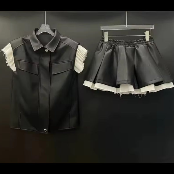 Women Fashion B&W Ruffled Sleeveless Two Piece Skirt Set