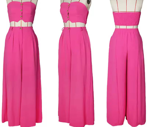 Women Sexy Button Up Strapless Two Piece Wide Leg Pant Set
