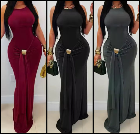 Women Sexy Sleeveless Open Back Metal Tassel Maxi Dress