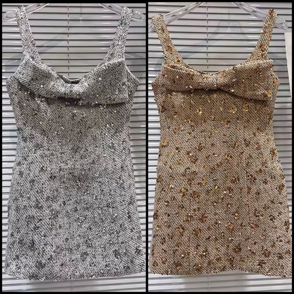 Women Sleeveless Tweed Sequins Bow Fashion Dress