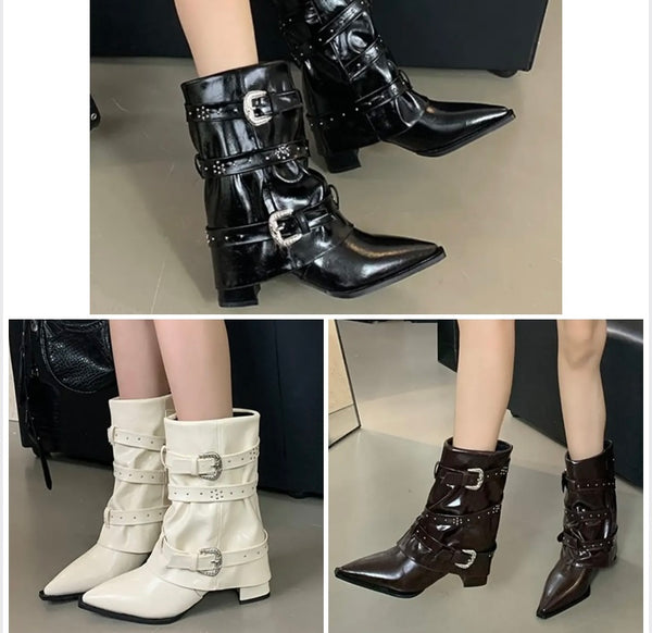Women Pointed Toe Buckled Fashion Ankle Boots
