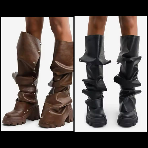 Women Fashion Faux Leather Button Platform Knee High Boots