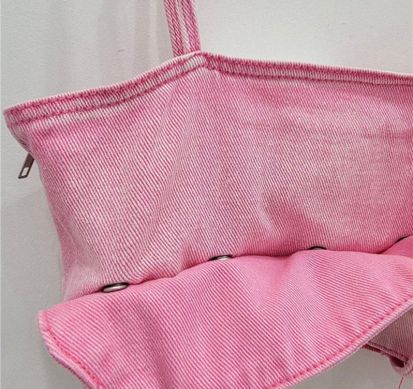 Women Sleeveless Pink Gradient Buckled Denim Crop Top