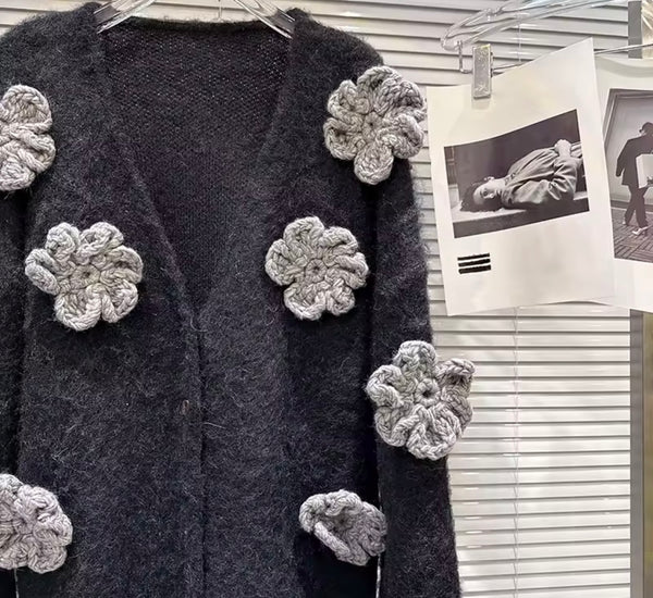 Women Black Fashion Button Up Gray 3D Floral Cardigan Sweater
