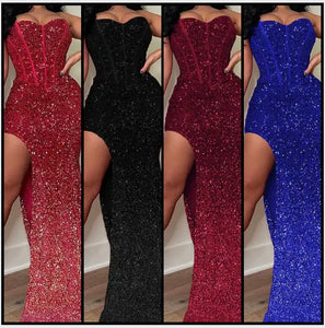 Women Sexy Strapless Sequins Side Split Maxi Dress