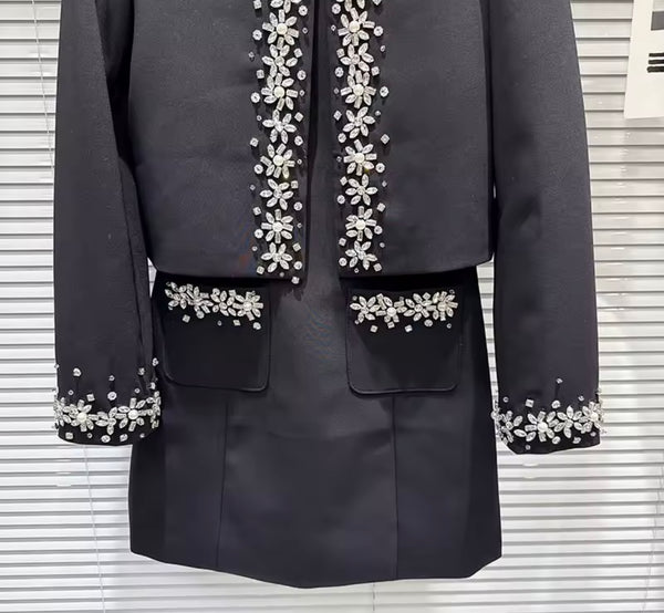 Women Rhinestone Blazer Two Piece Fashion Dress Set