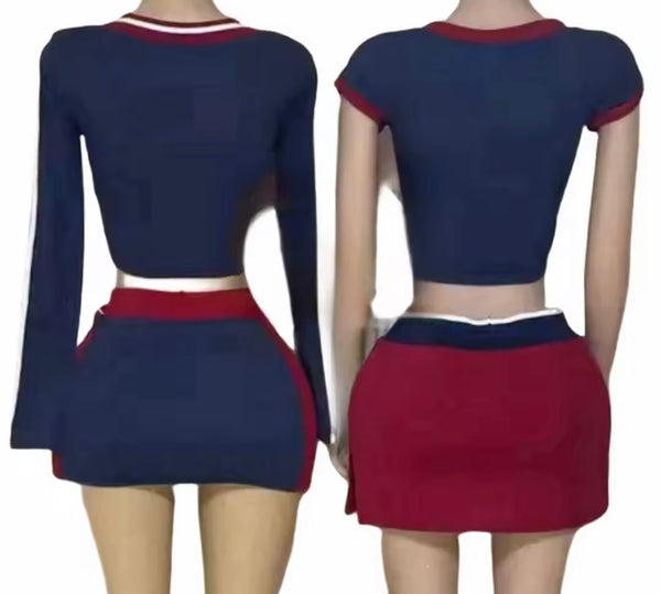 Women Fashion Letter Print Color Patchwork Two Piece Skirt Set