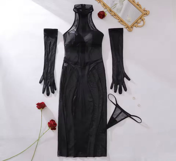 Women Sexy Sleeveless Black Mesh Glove Lingerie Set