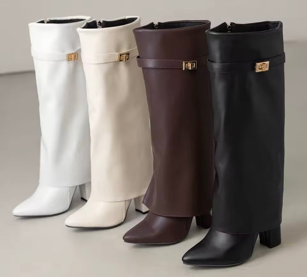 Women Pointed Toe Buckled Fashion Faux Leather Knee High Boots